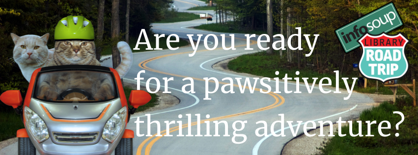 Are you ready for a pawsitively thrilling adventure? InfoSoup Library Road Trip. Image of two cats (one wearing a bicycle helmet) driving a small car down a curvy road.